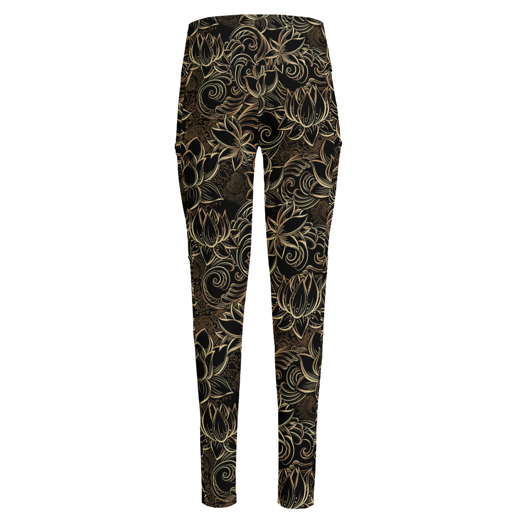 Black And Gold Lotus Pattern Print High-Waisted Pocket Leggings