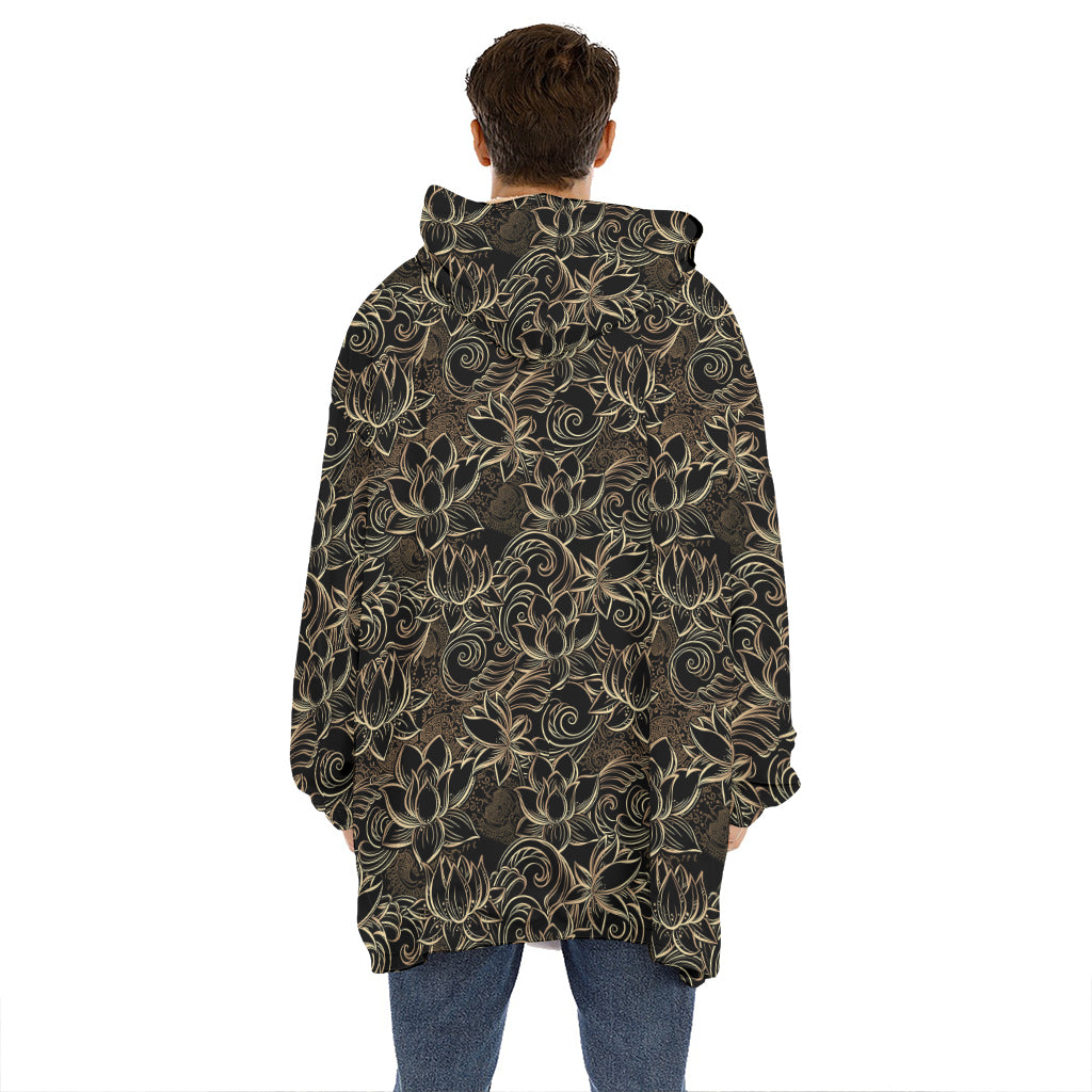 Black And Gold Lotus Pattern Print Hoodie Blanket