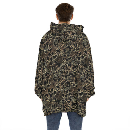 Black And Gold Lotus Pattern Print Hoodie Blanket
