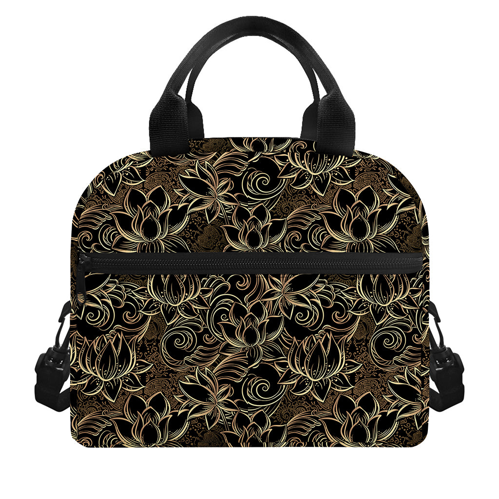 Black And Gold Lotus Pattern Print Insulated Lunch Bag