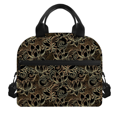 Black And Gold Lotus Pattern Print Insulated Lunch Bag