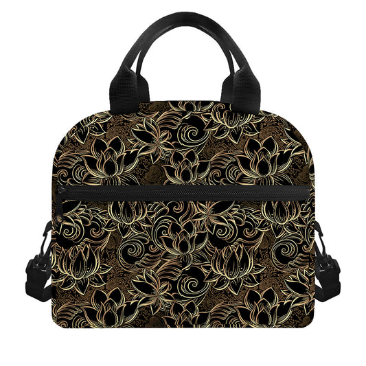 Black And Gold Lotus Pattern Print Insulated Lunch Bag