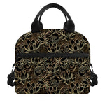 Black And Gold Lotus Pattern Print Insulated Lunch Bag