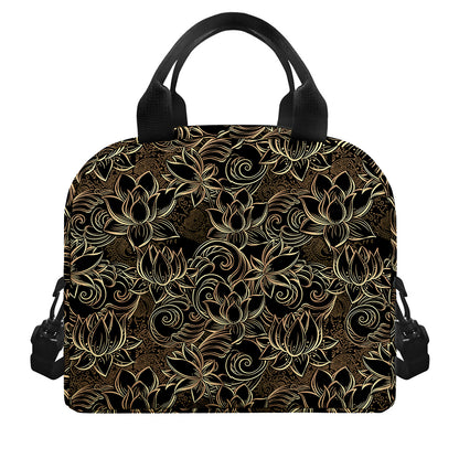 Black And Gold Lotus Pattern Print Insulated Lunch Bag