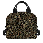 Black And Gold Lotus Pattern Print Insulated Lunch Bag