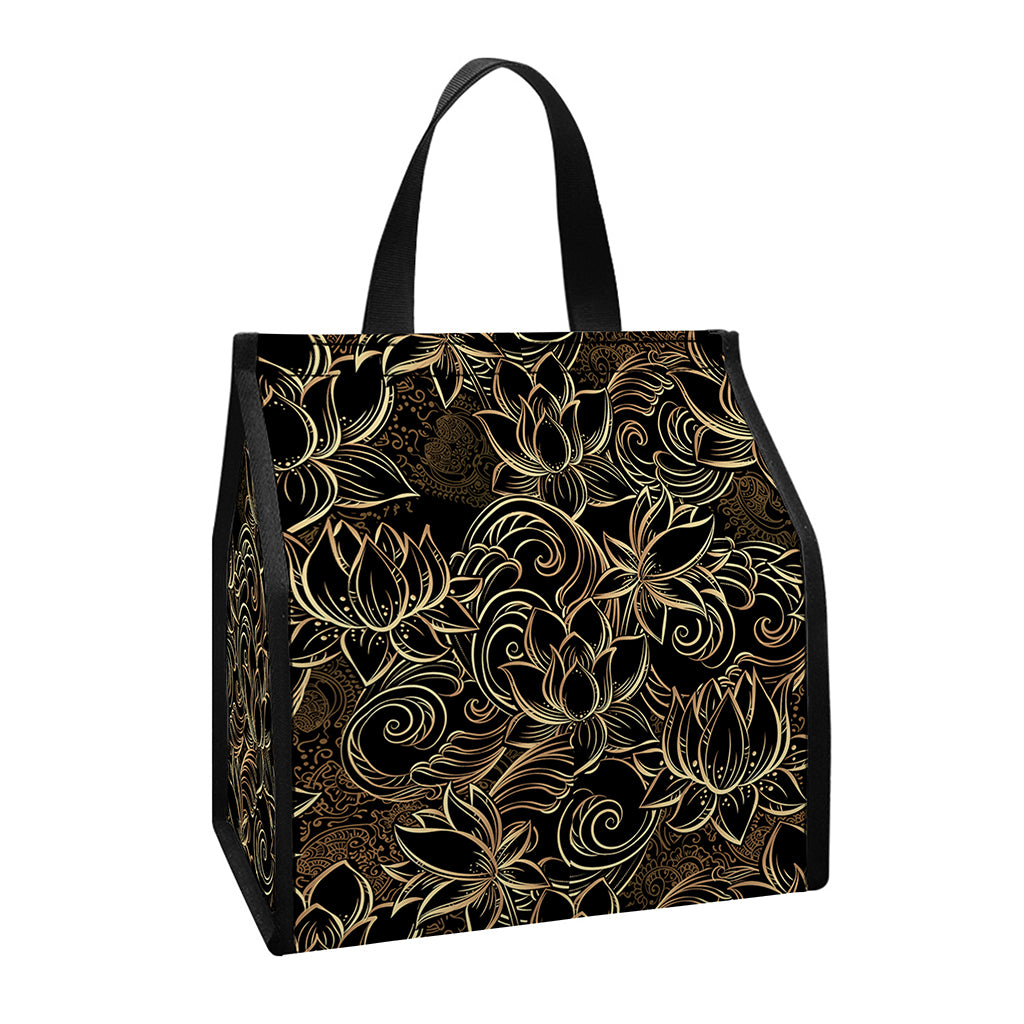 Black And Gold Lotus Pattern Print Insulated Lunch Tote