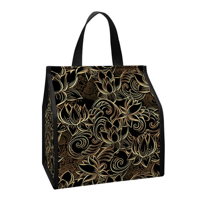 Black And Gold Lotus Pattern Print Insulated Lunch Tote