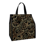 Black And Gold Lotus Pattern Print Insulated Lunch Tote