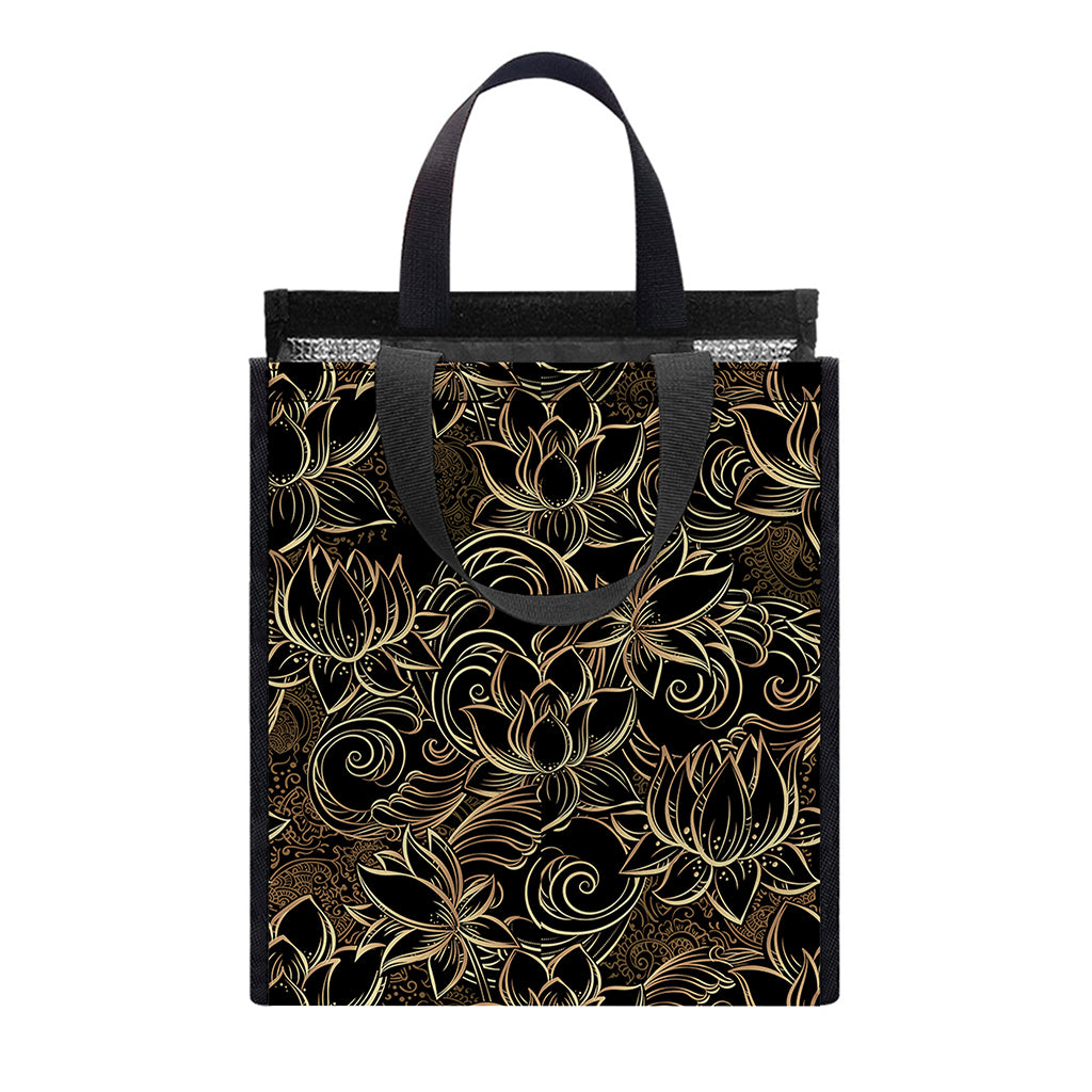 Black And Gold Lotus Pattern Print Insulated Lunch Tote