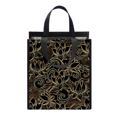 Black And Gold Lotus Pattern Print Insulated Lunch Tote