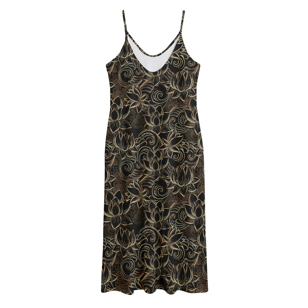 Black And Gold Lotus Pattern Print Jersey Midi Cami Dress