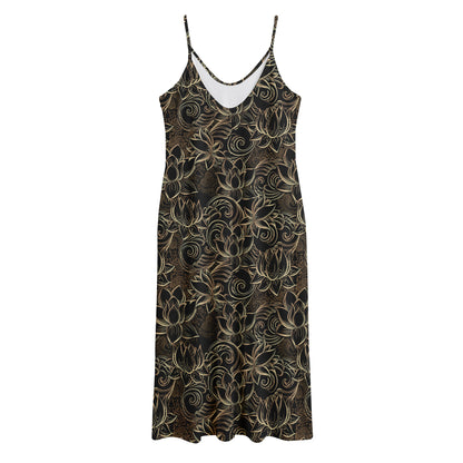 Black And Gold Lotus Pattern Print Jersey Midi Cami Dress