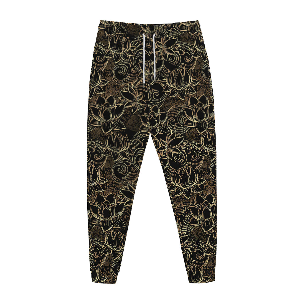 Black And Gold Lotus Pattern Print Jogger Pants