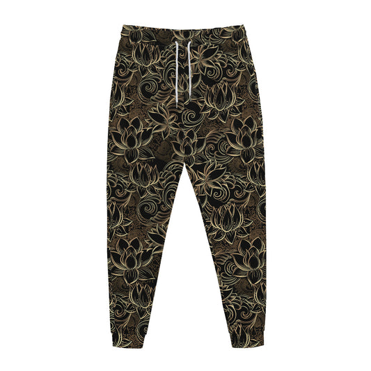 Black And Gold Lotus Pattern Print Jogger Pants