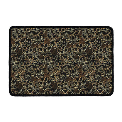 Black And Gold Lotus Pattern Print Kitchen Mat