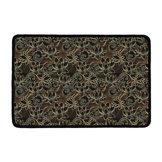Black And Gold Lotus Pattern Print Kitchen Mat