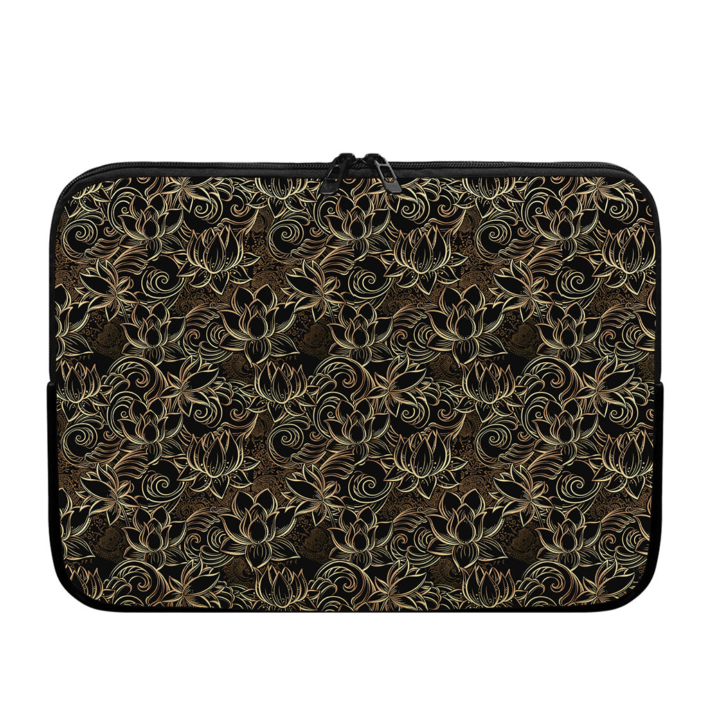 Black And Gold Lotus Pattern Print Laptop Sleeve