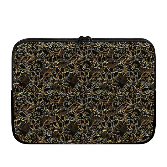 Black And Gold Lotus Pattern Print Laptop Sleeve