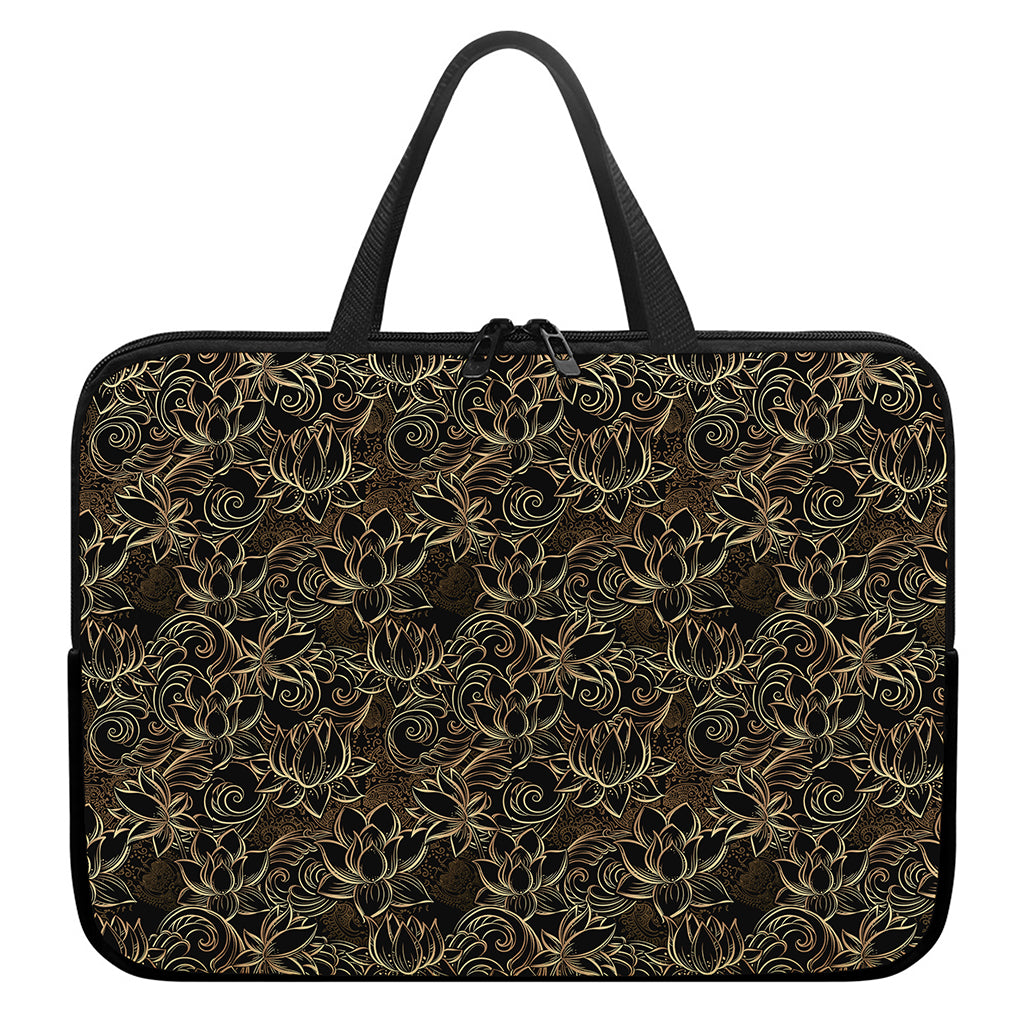 Black And Gold Lotus Pattern Print Laptop Sleeve With Handle