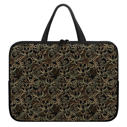 Black And Gold Lotus Pattern Print Laptop Sleeve With Handle