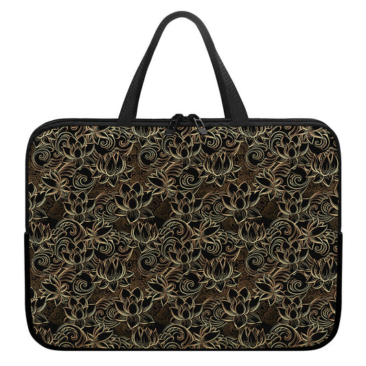 Black And Gold Lotus Pattern Print Laptop Sleeve With Handle