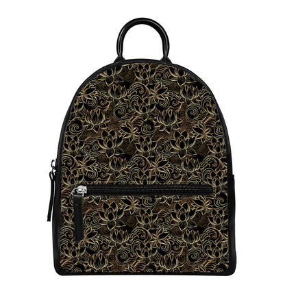 Black And Gold Lotus Pattern Print Leather Backpack