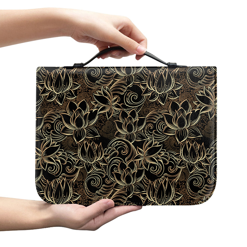Black And Gold Lotus Pattern Print Leather Bible Cover