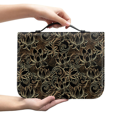 Black And Gold Lotus Pattern Print Leather Bible Cover