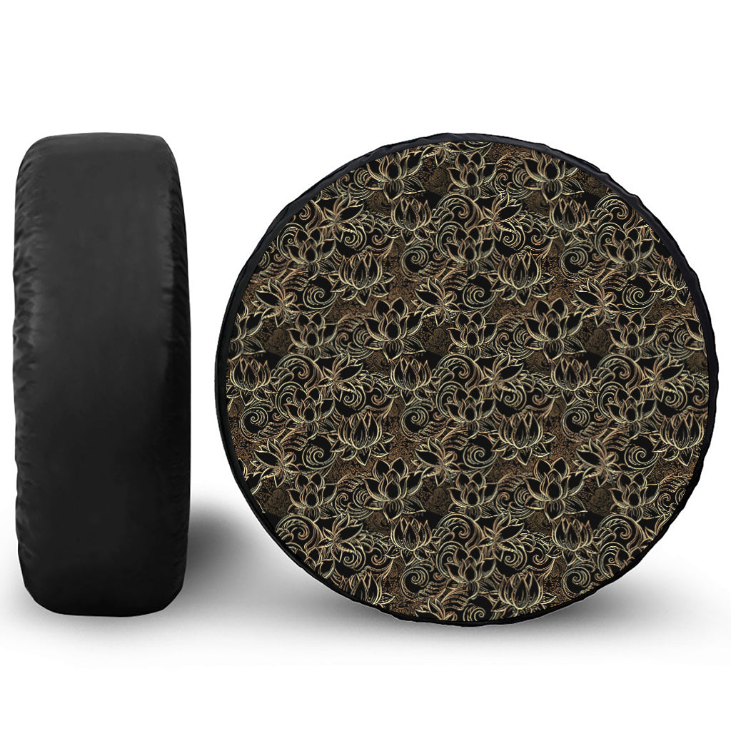Black And Gold Lotus Pattern Print Leather Spare Tire Cover