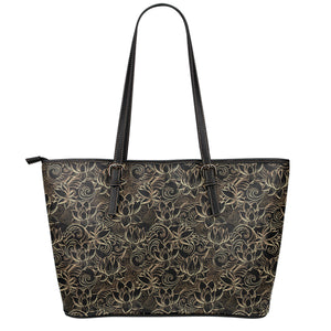 Black And Gold Lotus Pattern Print Leather Tote Bag