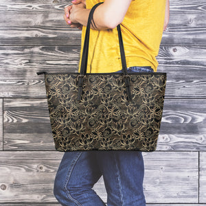 Black And Gold Lotus Pattern Print Leather Tote Bag