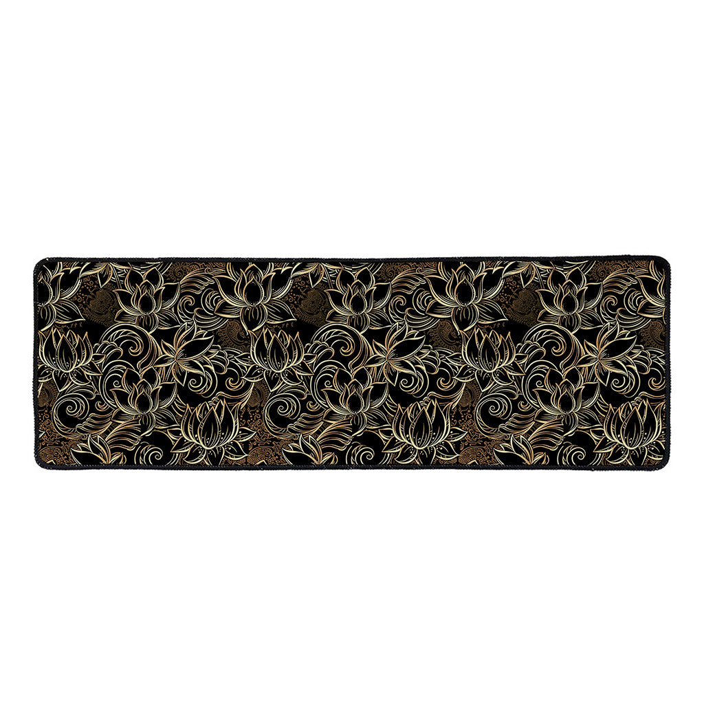 Black And Gold Lotus Pattern Print Long Kitchen Mat