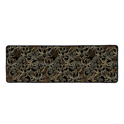 Black And Gold Lotus Pattern Print Long Kitchen Mat
