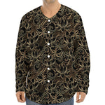 Black And Gold Lotus Pattern Print Long Sleeve Baseball Jersey