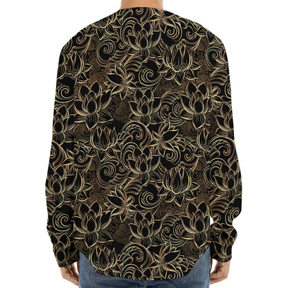 Black And Gold Lotus Pattern Print Long Sleeve Baseball Jersey