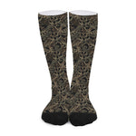 Black And Gold Lotus Pattern Print Long Socks