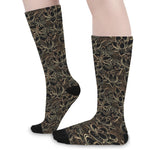 Black And Gold Lotus Pattern Print Long Socks