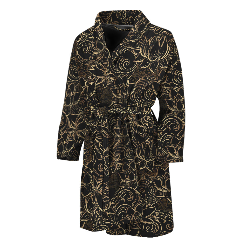 Black And Gold Lotus Pattern Print Men's Bathrobe