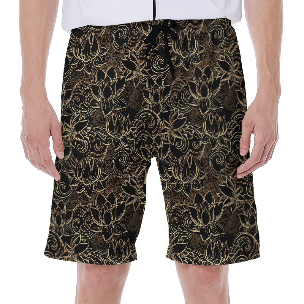 Black And Gold Lotus Pattern Print Men's Beach Shorts