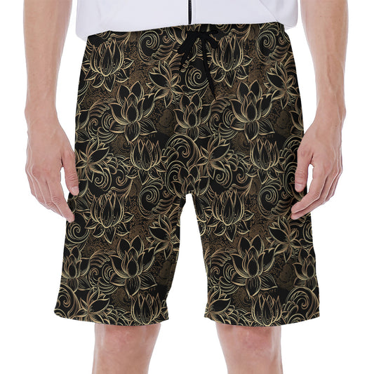 Black And Gold Lotus Pattern Print Men's Beach Shorts