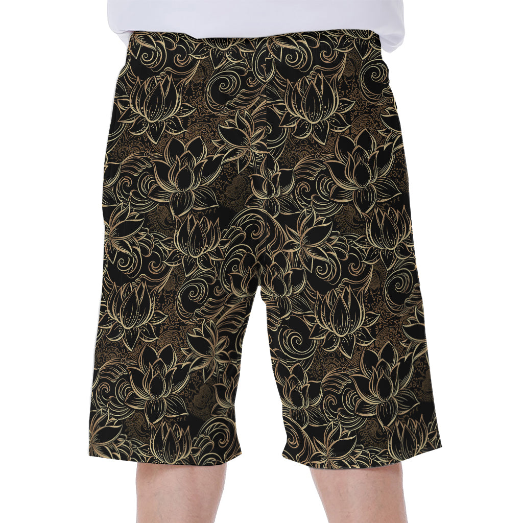 Black And Gold Lotus Pattern Print Men's Beach Shorts