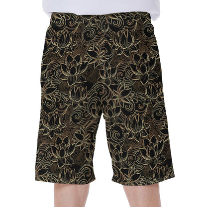 Black And Gold Lotus Pattern Print Men's Beach Shorts