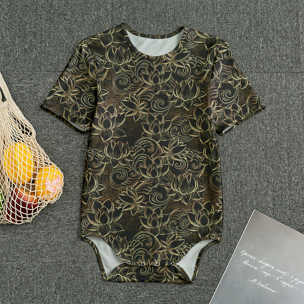 Black And Gold Lotus Pattern Print Men's Bodysuit