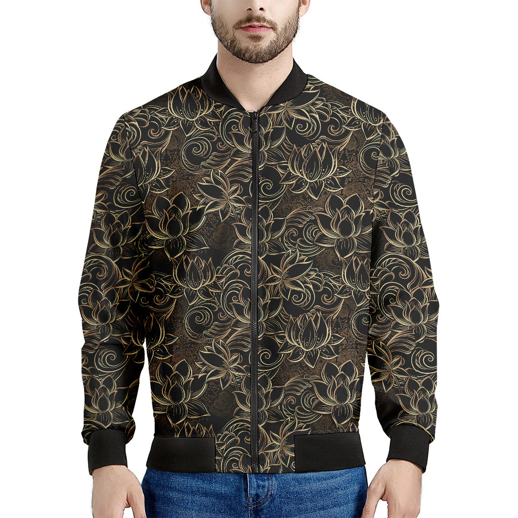 Black And Gold Lotus Pattern Print Men's Bomber Jacket