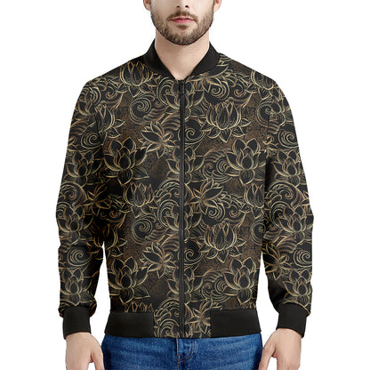 Black And Gold Lotus Pattern Print Men's Bomber Jacket