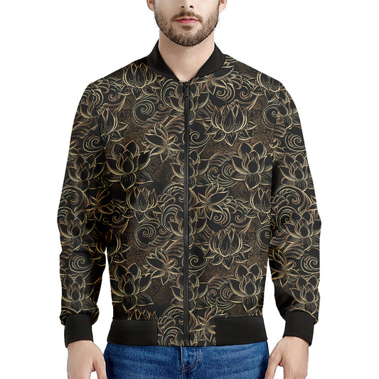 Black And Gold Lotus Pattern Print Men's Bomber Jacket