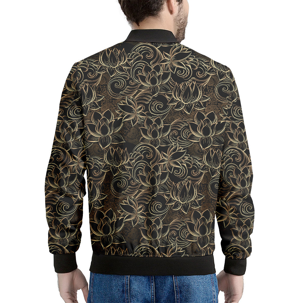 Black And Gold Lotus Pattern Print Men's Bomber Jacket