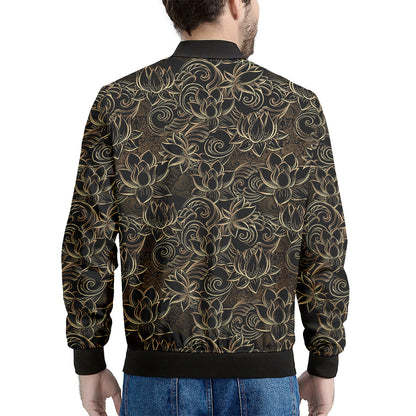 Black And Gold Lotus Pattern Print Men's Bomber Jacket