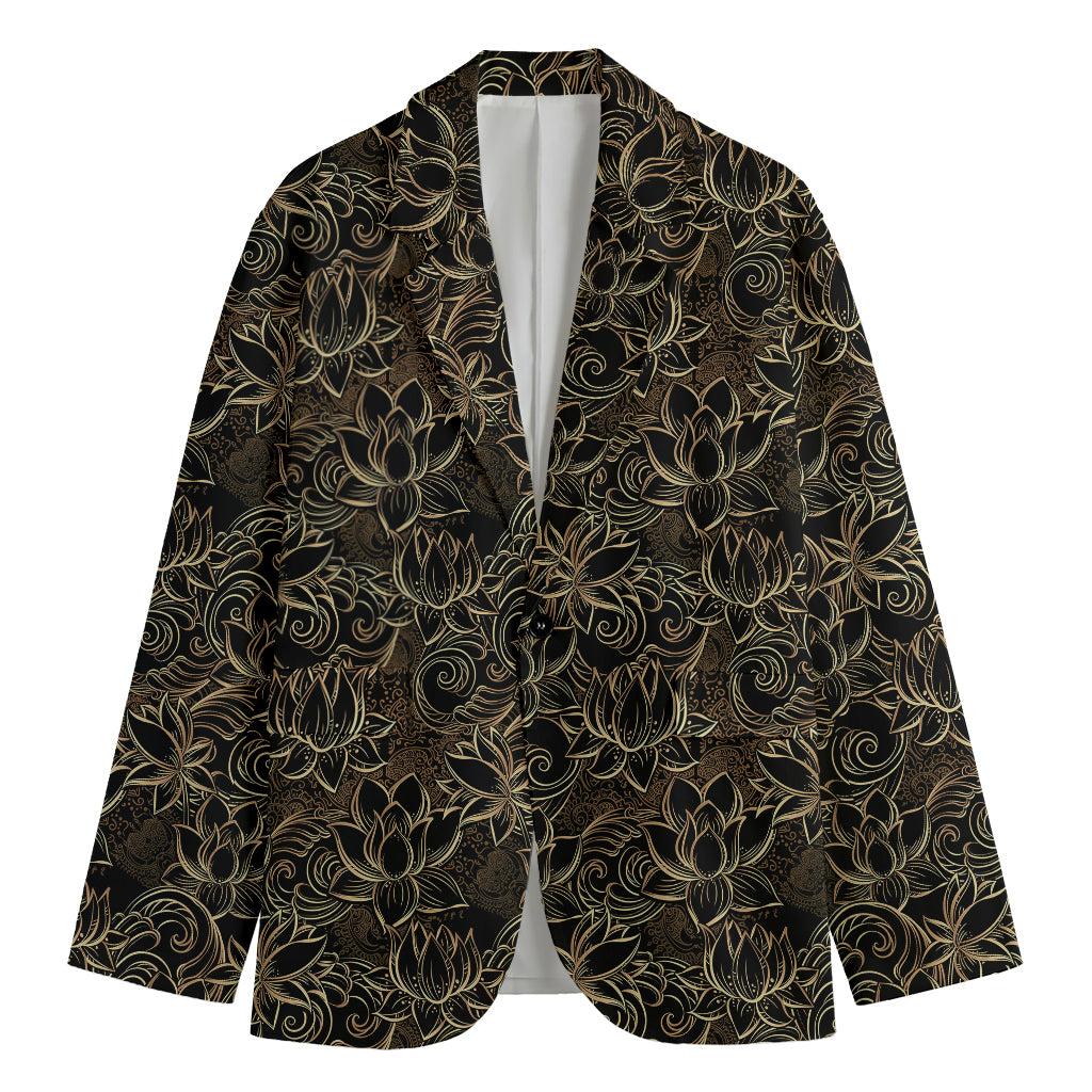 Black And Gold Lotus Pattern Print Men's Cotton Blazer