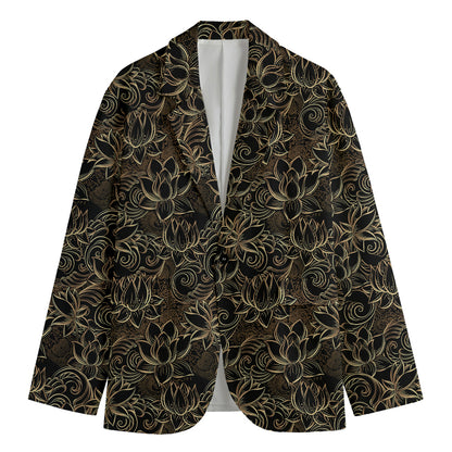 Black And Gold Lotus Pattern Print Men's Cotton Blazer